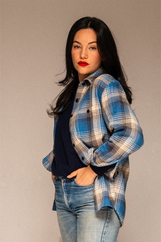 Al’s Big Twill Shirting in Blue + Beige Plaid